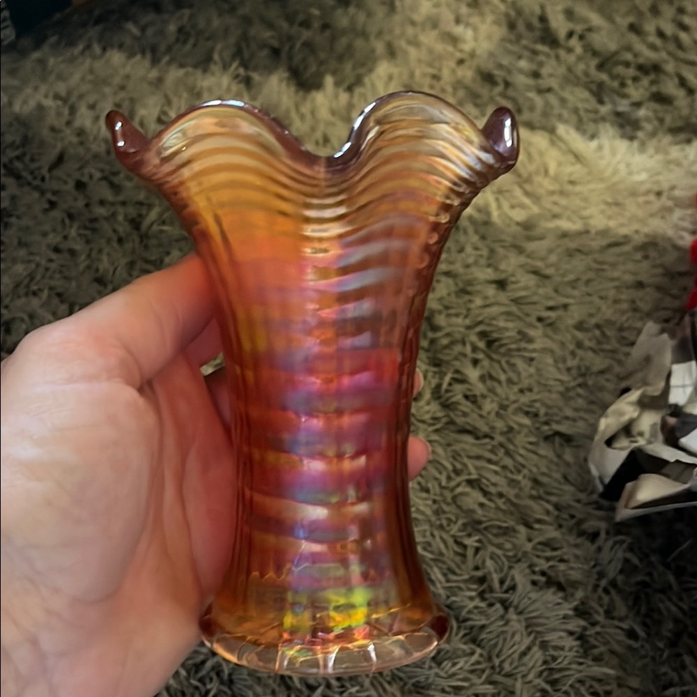 Marigold Iridescent Ripple Carnival Glass Vase